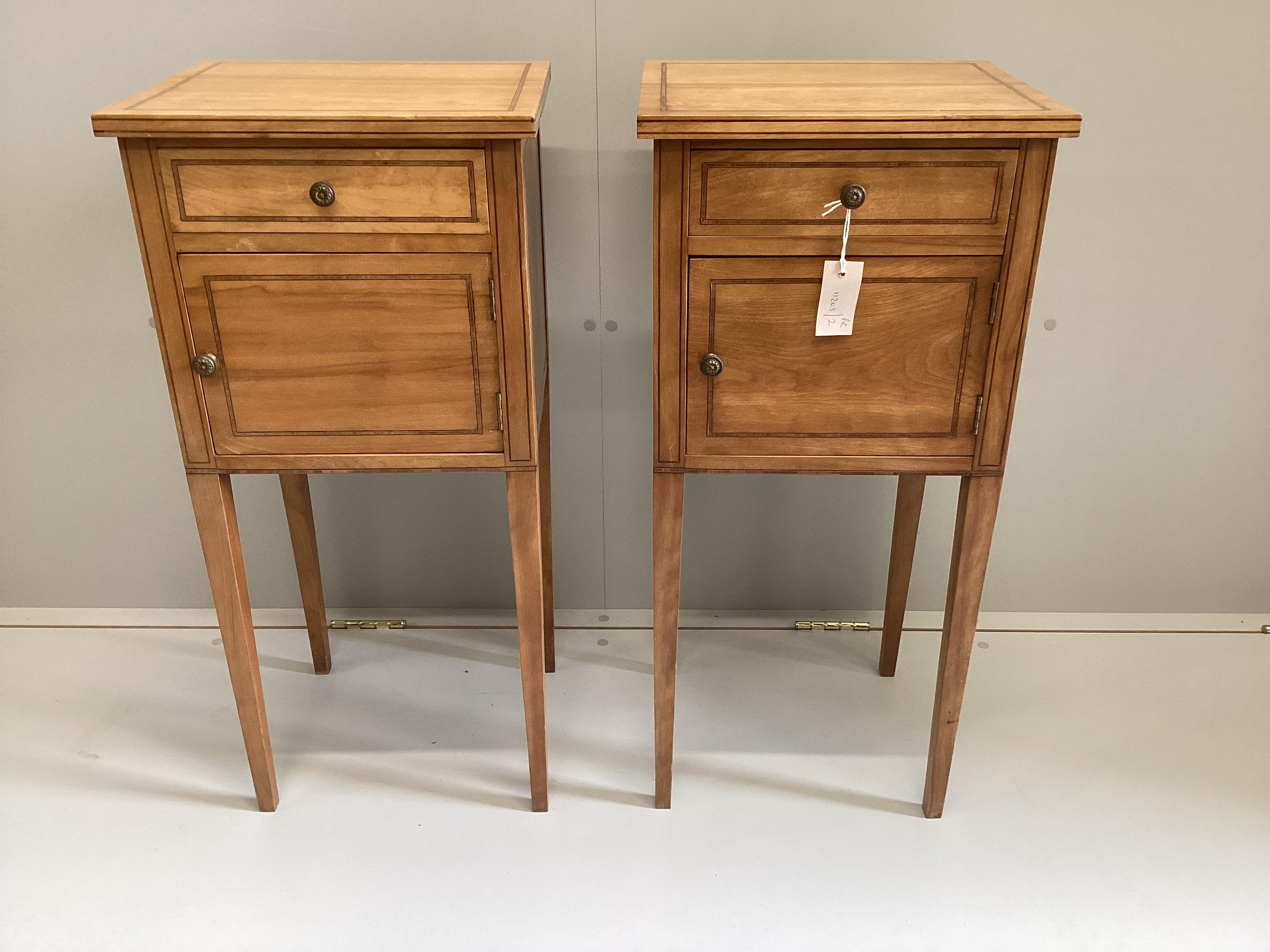 A pair of Edwardian tulip banded satinwood bedside cabinets, width 37cm, depth 32cm, height 80cm